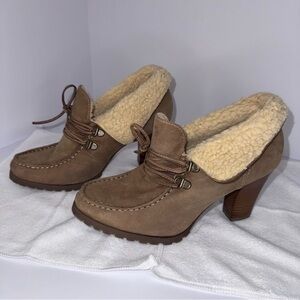 Audrey Brooke Roxy Ankle Booties Tan Suede Sherpa Lined